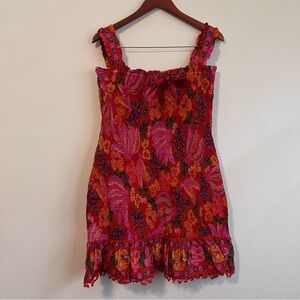 Farm Rio Spring Banana Red Floral Mini Dress Rouched Sleeveless XL